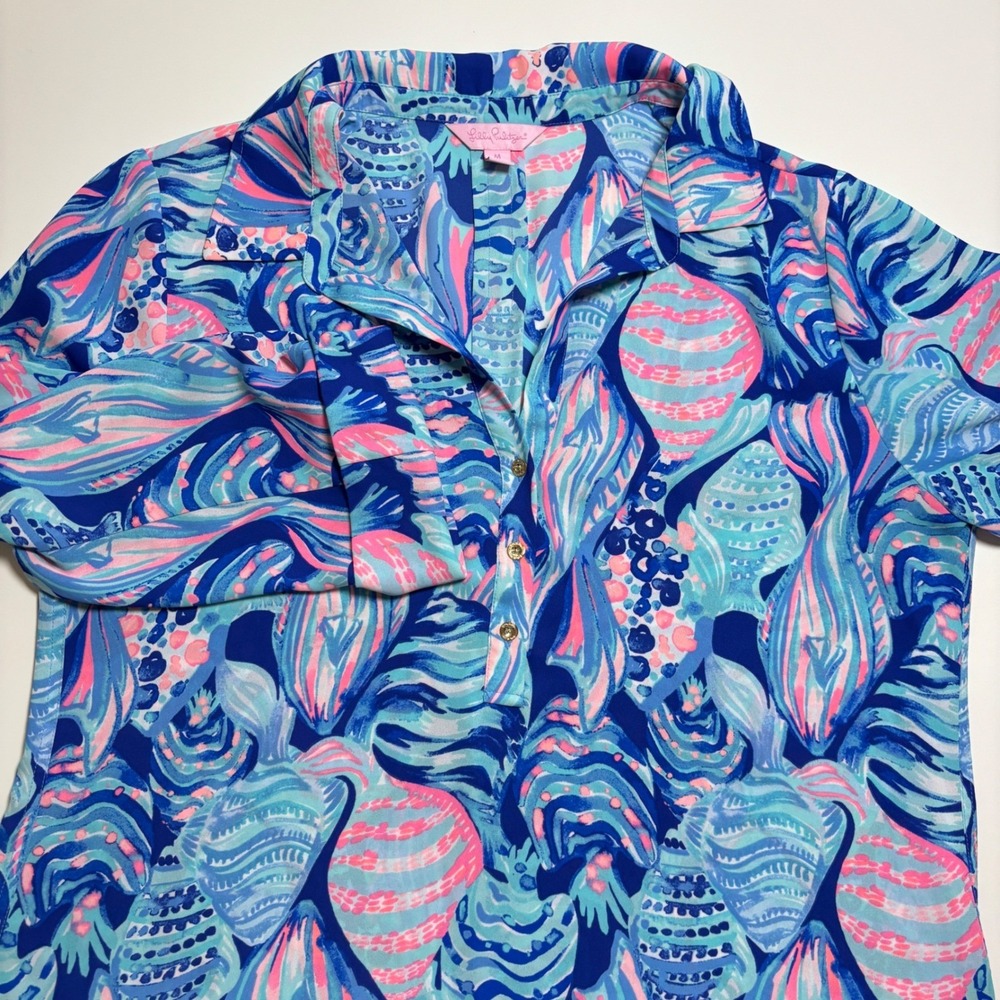 Lilly Pulitzer Everglades Woman's M Tunic Top Twilight Blue Scale Up Long Sleeve - Picture 3 of 8